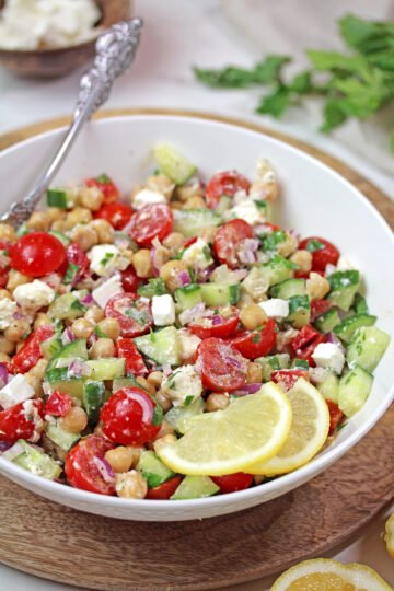 Mediterranean Chickpea Salad with feta, cucumber, tomatoes, and lemon dressing